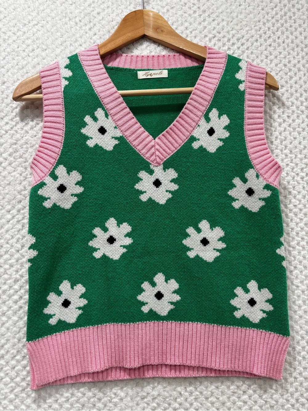 HYFVE Green Pink Daisy Floral Sweater Vest Retro Preppy Y2K